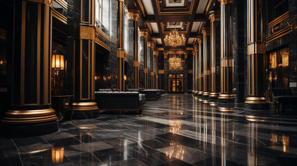 Grand lobby with golden chandeliers ai generated interior design