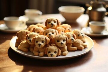 Naklejka premium Energetic Puppy funny stand on table biscuits. Care domestic. Generate Ai
