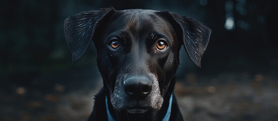 A close up of a black dog, a member of the Canine family and Sporting Group, with electric blue eyes, whiskers, and a liver nose, looking at the camera in the dark - Powered by Adobe