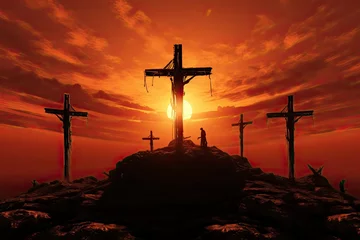 Photo sur Aluminium Rouge 2 Crucifixion Of Jesus Christ At Sunrise - Three Crosses On Hill - generative ai