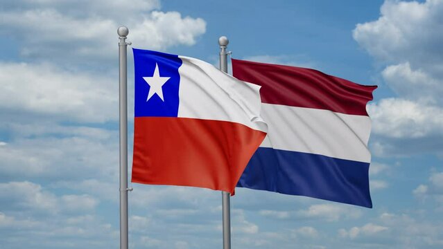 Netherlands and Chile two flags waving together, looped video, two country relations concept