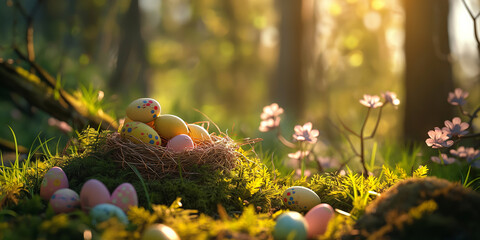 easter scene with eggs in the nest and on the grass in the rays of morning sun among the spring...