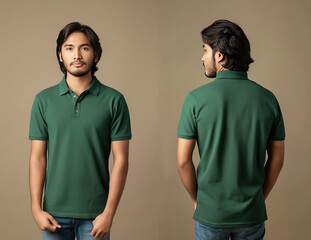 Front and back views of a man wearing a green polo shirt mockup template