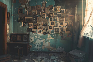 An abandoned room with wall filled with photos