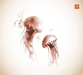 Ink painting of gracefully floating jellyfishes in vintage style. Traditional oriental ink painting sumi-e, u-sin, go-hua. Translation of hieroglyph - zen