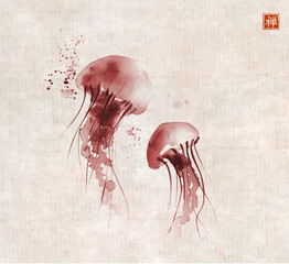 Ink painting of gracefully floating jellyfishes on vintage background. Traditional oriental ink painting sumi-e, u-sin, go-hua. Translation of hieroglyph - zen - 762236530