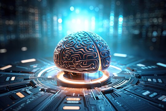 Artificial Intelligence computer. Human brain connected to a motherboard. Ai Generative