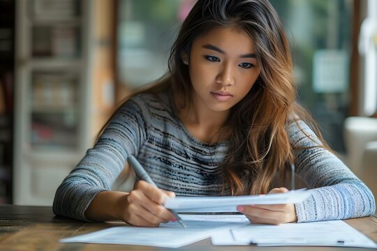 Young woman filling out financial aid paperwork for college tuition loan. Concept College Finances, Financial Aid Application, Young Adult, Education Expenses, Student Loans