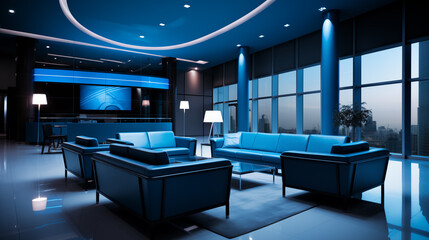Contemporary lobby with blue lighting ai generated interior design