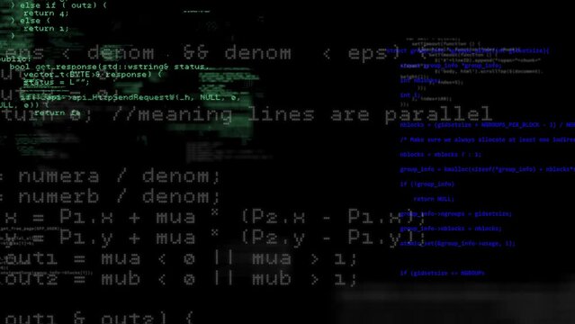 Programming computer code with glitch effect interference on display. Text animation with digital distortion. Damaged signal, computer virus. Hacker attack. 4k footage.