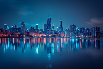 Fototapeta na wymiar Captivating Skyline of Chicago: Illinois’ Dazzling Landmark Amidst the Reflective Lake Michigan in Night