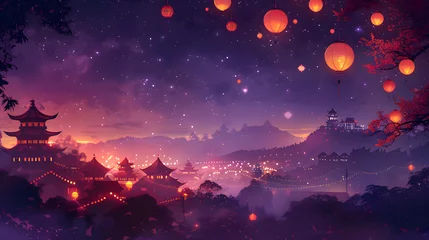 Foto op Aluminium Mystical purple-hued background evokes the enchanting aura of the Lantern Festival, with intricate lantern motifs, shimmering lights, and silhouetted pagodas against a starry night sky © CanvasPixelDreams