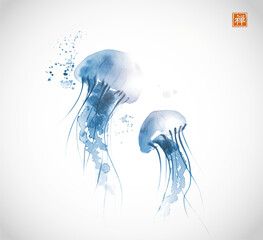 Ink painting of gracefully floating blue jellyfishes. Traditional oriental ink painting sumi-e, u-sin, go-hua. Translation of hieroglyph - zen. - 762236980