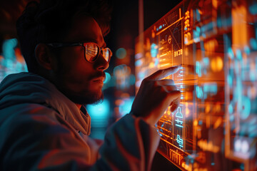Side view portrait of man wearing glasses pointing at futuristic digital screen with information in night city street generated AI image copy space 
