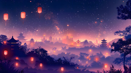 Mystical purple-hued background evokes the enchanting aura of the Lantern Festival, with intricate lantern motifs, shimmering lights, and silhouetted pagodas against a starry night sky
