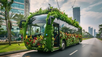 A city bus embellished with lush green plants cruises the streets, showcasing an innovative blend of public transportation and green living to reduce carbon footprin