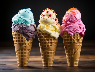 Three Ice Cream Cones With Different Flavors - obrazy, fototapety, plakaty