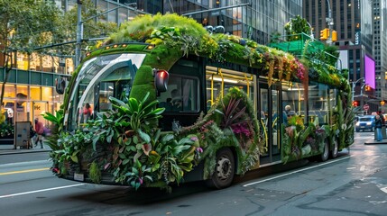 A city bus embellished with lush green plants cruises the streets, showcasing an innovative blend of public transportation and green living to reduce carbon footprin