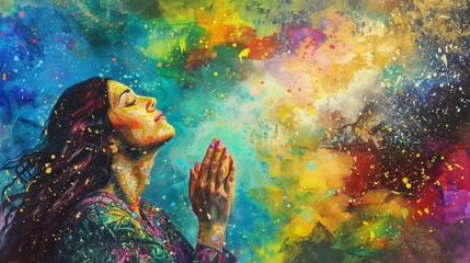 A colorful painting of a woman in spiritual worship, representing mother's day and women's day concept.