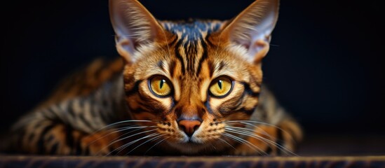 A closeup of a Bengal cat, a domestic shorthaired cat in the Felidae family. With its yellow eyes and whiskers, this carnivorous terrestrial animal showcases its beautiful fur - obrazy, fototapety, plakaty