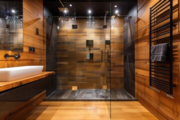 Modern style big bathroom with shower, wooden effect. Generative AI