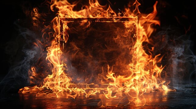 Fierce and captivating square frame of fire on a black backdrop