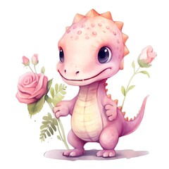 Pink floral dinosaur watercolor illustration