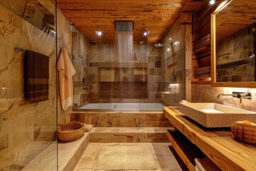 Fototapeta na wymiar Modern style big bathroom with shower, wooden effect. Generative AI