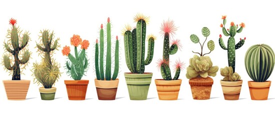 A line of houseplant cacti in flowerpots placed on a white surface. The arrangement includes various terrestrial plant species in rectangular vases, creating a stylish and minimalist display - obrazy, fototapety, plakaty