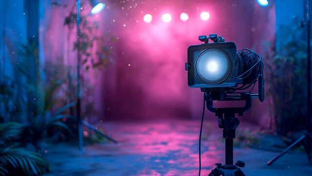 camera with an illuminating light was set up in front of the stage, creating an atmosphere full of movie theater and film production vibes. seamless looping 4k time-lapse video background 