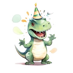Dinosaur celebrating birthday party watercolor illustration