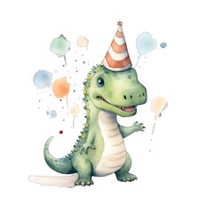 Dinosaur celebrating birthday party watercolor illustration