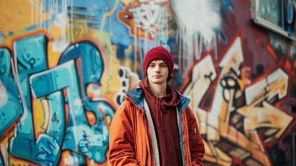 A fashionable young man in a red beanie and jacket stands confidently against a vibrant backdrop of urban street art and graffiti.. 
