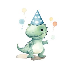 Dinosaur celebrating birthday party watercolor illustration