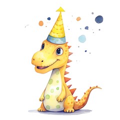 Dinosaur celebrating birthday party watercolor illustration