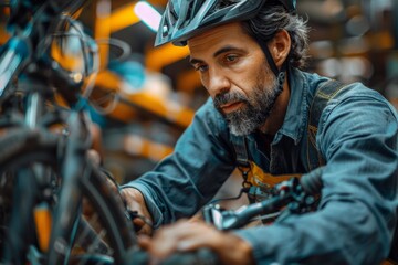 A focused bicycle mechanic with expertise fine-tunes a bike in a specialized workshop - obrazy, fototapety, plakaty