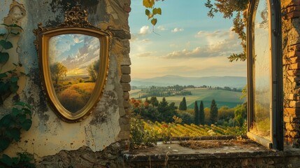 Perched on a weathered windowsill, a shield-shaped golden frame displays a panoramic view of a tranquil countryside, bathed in the soft hues of sunset.