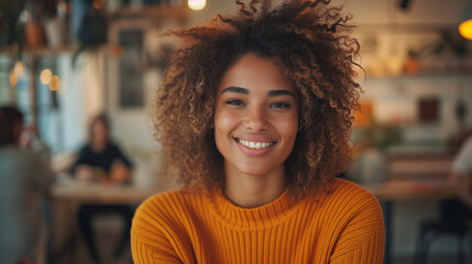 Smiling Young Woman in Cozy Cafe Environment. Portrait of a cheerful young woman with curly hair, smiling warmly in a casual cafe setting.