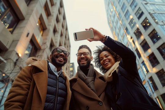 Three people are smiling and taking a picture of themselves with a cell phone. They are wearing coats and hats, and the photo is taken in front of a building