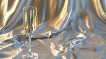 A glass of champagne on a silver background with highlights for christmas and new year.