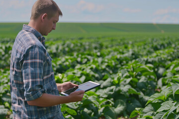 Naklejka na ściany i meble A thoughtful a male farmer standing and using tablet to monitor crop growth in a field. 