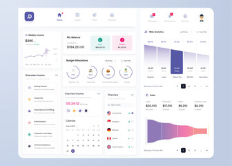 UI UX Infographic dashboard. UI design with graphs, charts and diagrams. Web interface template