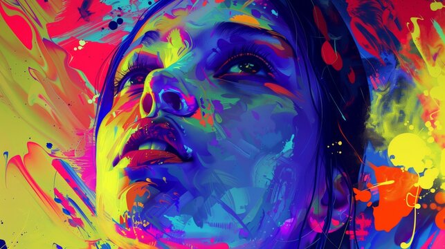 A girl against a background of surreal design using acid colors, psychedelic culture, will reflect overload with thoughts and digital technologies. 