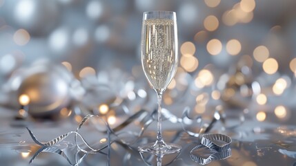 A glass of champagne on a silver background with highlights for christmas and new year. 