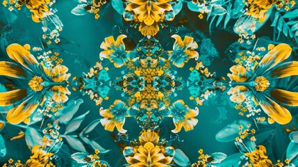 Abstract Floral Symmetry in Vibrant Teal & Yellow | Top-Down View