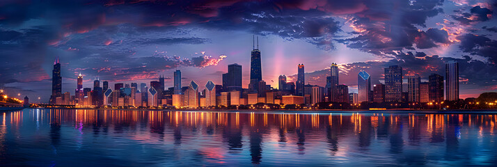 Captivating Skyline of Chicago: Illinois’ Dazzling Landmark Amidst the Reflective Lake Michigan...