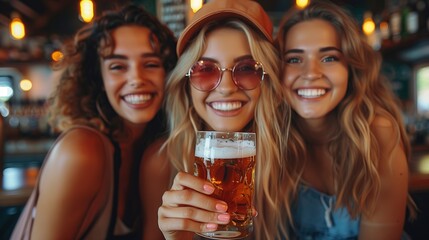 Three Friends Sharing Beers and Smiles at Pub. Three young friends share a joyful moment over a glass of beer, showcasing their close bond in a cheerful pub setting.