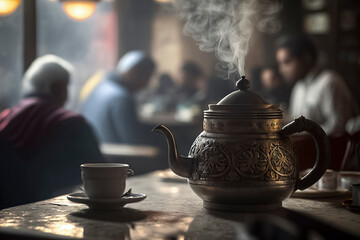 a steaming teapot and cup on a table, with people conversing in a dimly lit, cozy atmosphere in the background - obrazy, fototapety, plakaty
