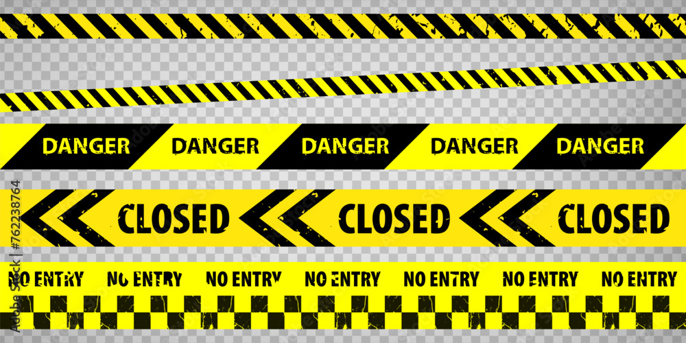 Wall mural Black and yellow police stripe border, construction, danger, no entry closed tapes set. Set of danger caution grunge tapes.  Warning signs for your  design on transparent background. EPS10