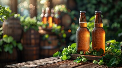 Chilled Beer Bottles Among Fresh Hops and Leaves. Two chilled beer bottles stand amidst vibrant fresh hops and leaves, with a blurred background of a brewery setting. - obrazy, fototapety, plakaty